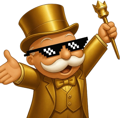 The Stockopoly banker, in gold, wearing pixel shades
